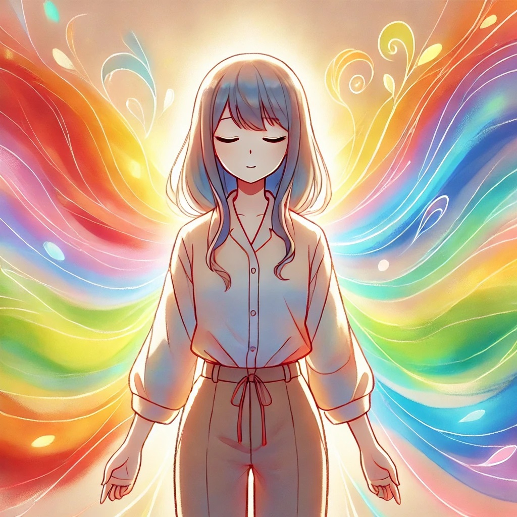 DALL·E 2025-01-04 09.13.01 - An anime-style illustration depicting a person surrounded by a colorful aura, with distinct layers representing different aura colors such as red, ora.jpg