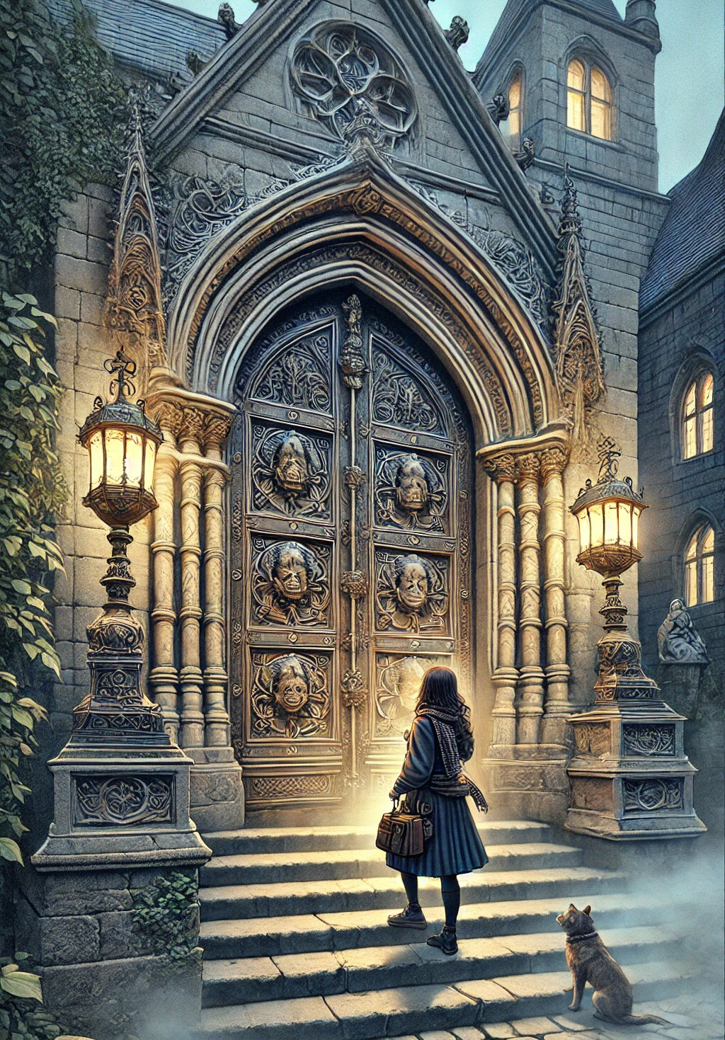 DALL·E 2025-04-19 06.50.27 - A detailed, vertical illustration of a grand, ancient European castle entrance with an ornate, heavy wooden door adorned with intricate carvings and i.jpg