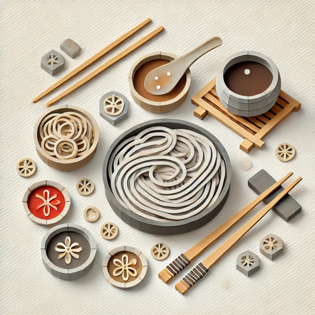 DALL·E 2025-02-11 09.42.58 - A charming papercraft-style illustration featuring a traditional Japanese Wanko Soba meal. The image should depict multiple small bowls filled with so.jpg
