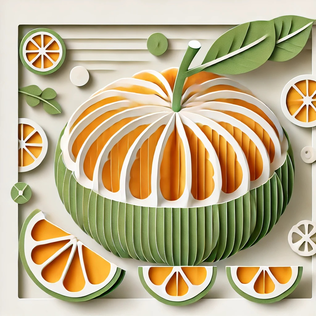 DALL·E 2025-02-12 22.28.47 - A papercraft-style illustration of a Tosa buntan (Japanese citrus fruit). The illustration features a whole Tosa buntan with its characteristic round .jpg