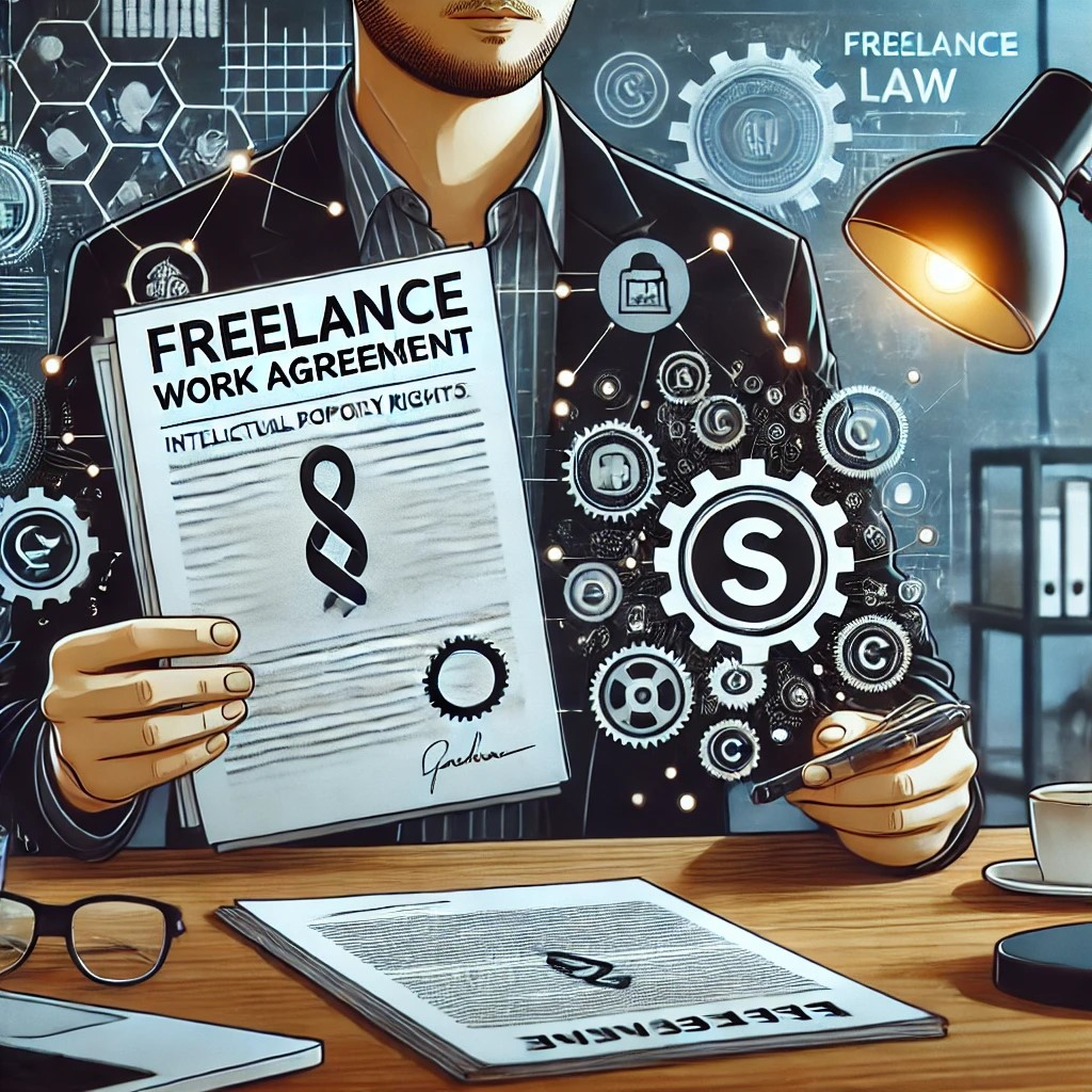 DALL·E 2024-10-21 20.49.50 - An illustration showing a businessperson holding two documents, one labeled 'Freelance Work Agreement' and another with a copyright symbol, representi.jpeg