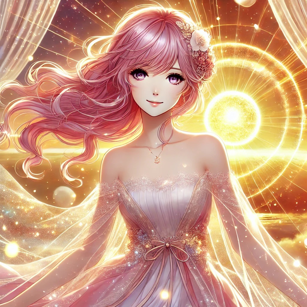 DALL·E 2025-02-11 16.25.41 - A beautiful anime-style illustration of a young woman with elegant pink hair standing in a radiant, dreamlike landscape. She wears a flowing, ethereal.jpg