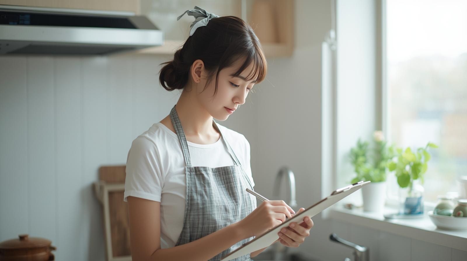 キッチンで立ってチェックリストに記入している日本人女性.jpg