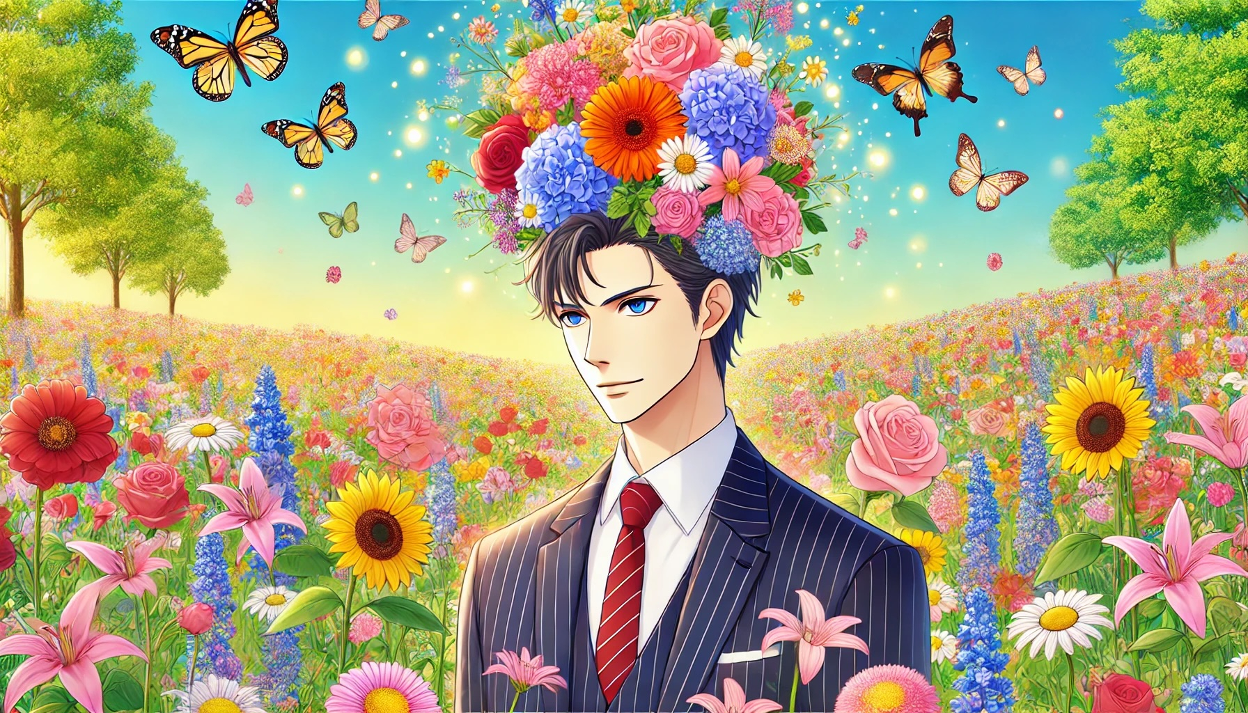 DALL·E 2024-12-18 15.58.29 - A handsome and stylish male businessman with a Japanese anime-style appearance, standing in a colorful flower field. His head is adorned with a bloomi.jpeg