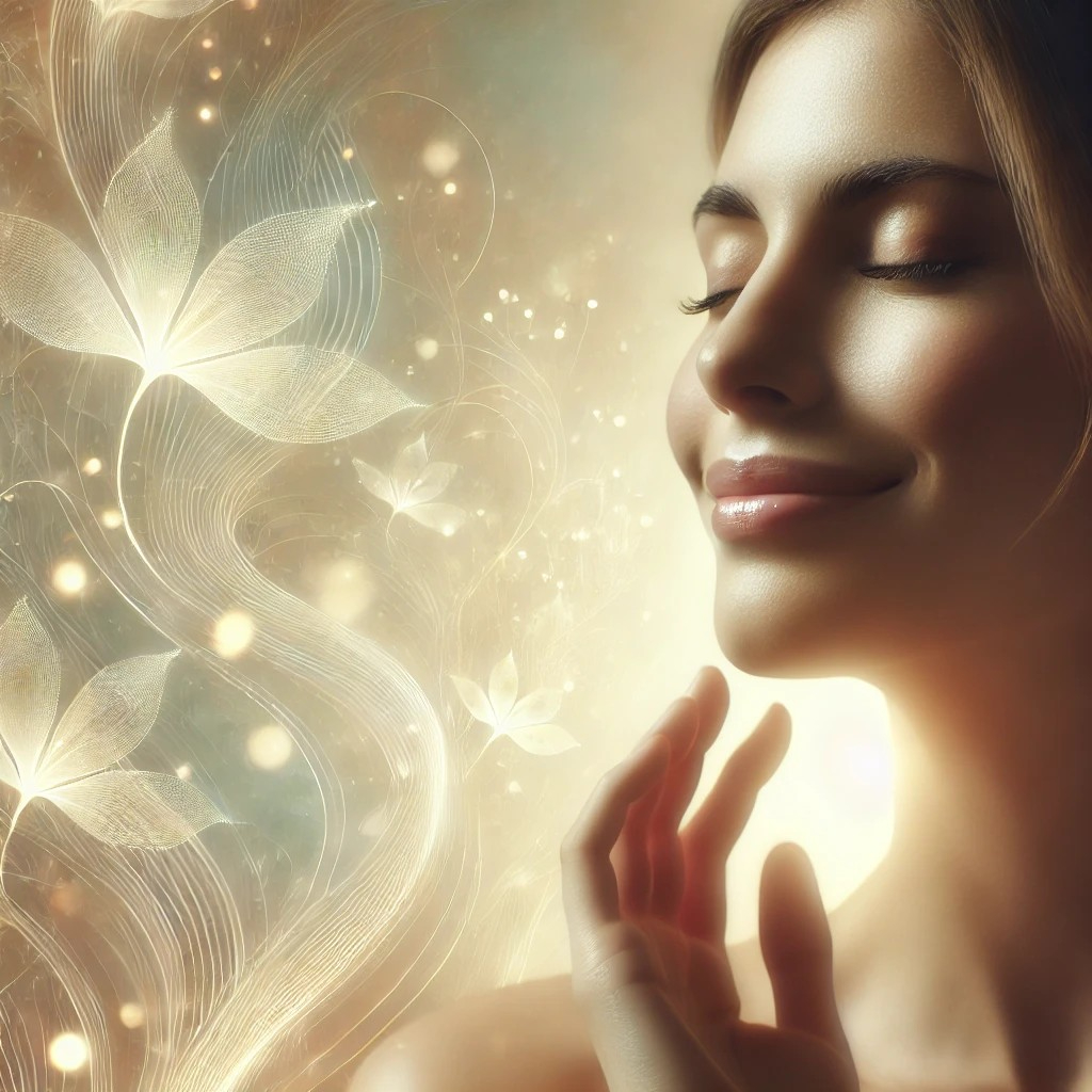 DALL·E 2025-11-04 14.13.44 - A serene and uplifting image of a woman gently smiling with her eyes closed, bathed in soft morning sunlight. Behind her, abstract glowing patterns re.jpg