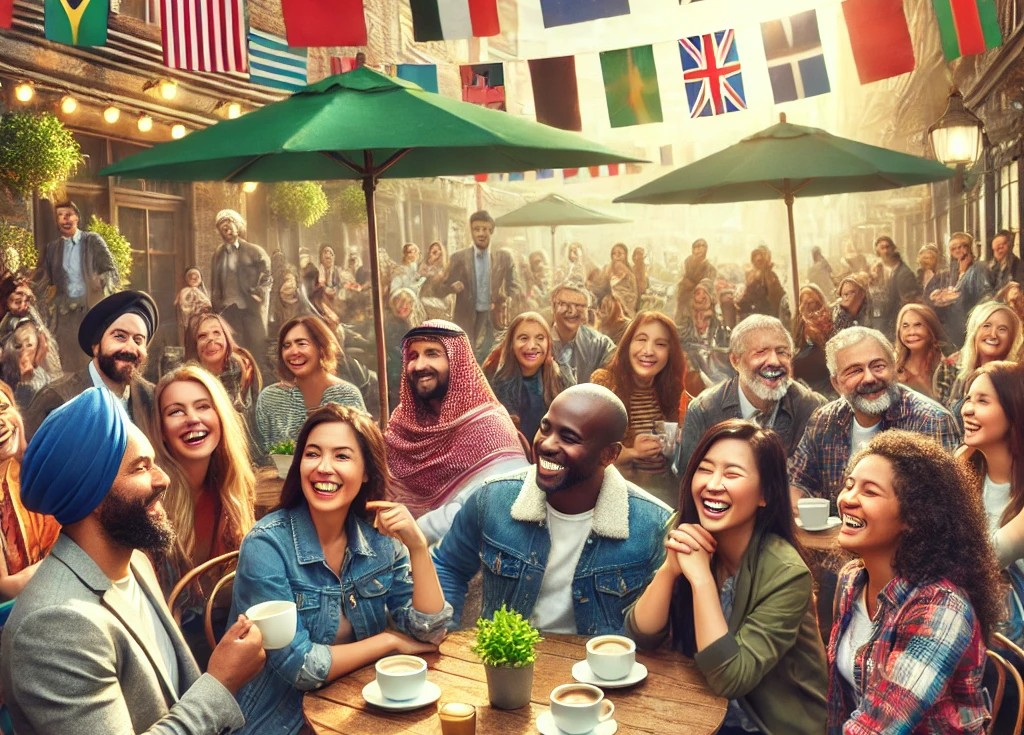 DALL·E 2025-04-16 01.57.26 - A lively and cheerful scene at an outdoor café where people from different countries and cultures are enjoying conversation together. The group is div.jpg