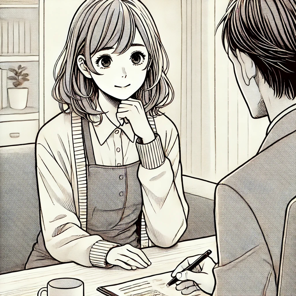 DALL·E 2024-12-25 13.52.41 - A manga-style single-scene illustration of a young woman, who is a caregiver, having a thoughtful and collaborative discussion with a professional exp.jpg