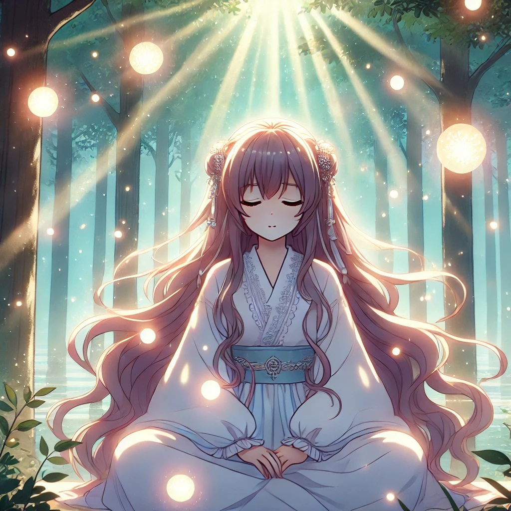DALL·E 2025-02-28 05.26.21 - An anime-style illustration of a young woman with flowing hair sitting in a tranquil forest, surrounded by glowing orbs of light. She closes her eyes .jpg