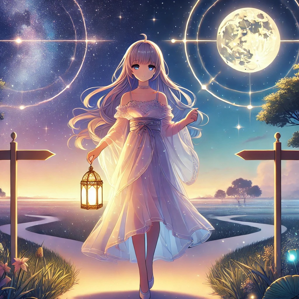 DALL·E 2025-01-19 18.58.17 - An anime-style illustration of a serene young woman standing at a crossroads under a vast starry sky, symbolizing choices and spiritual growth. She is.jpg