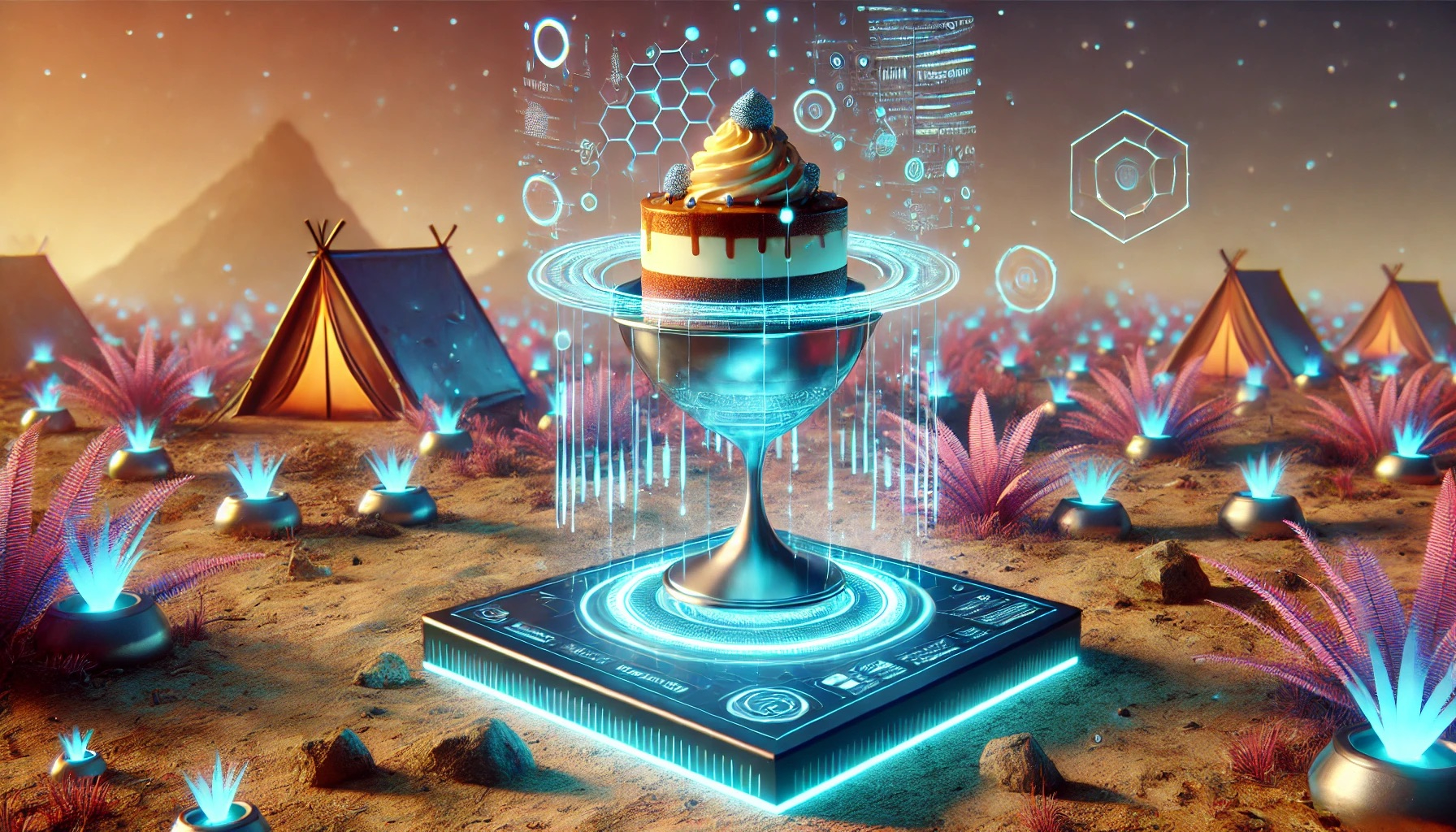 DALL·E 2024-07-02 23.45.43 - A high-quality image of a futuristic dessert floating in mid-air, defying gravity, with holographic decorations, set against a high-tech campsite with.jpeg