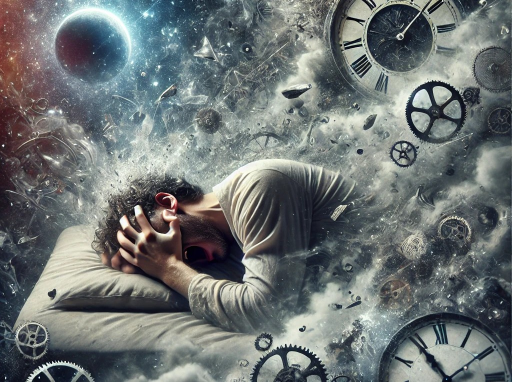 DALL·E 2025-05-19 18.59.43 - A surreal, emotional scene of a man trapped in a dreamlike dimension of time and space. The man is lying on a bed, clutching his head and screaming in.jpg