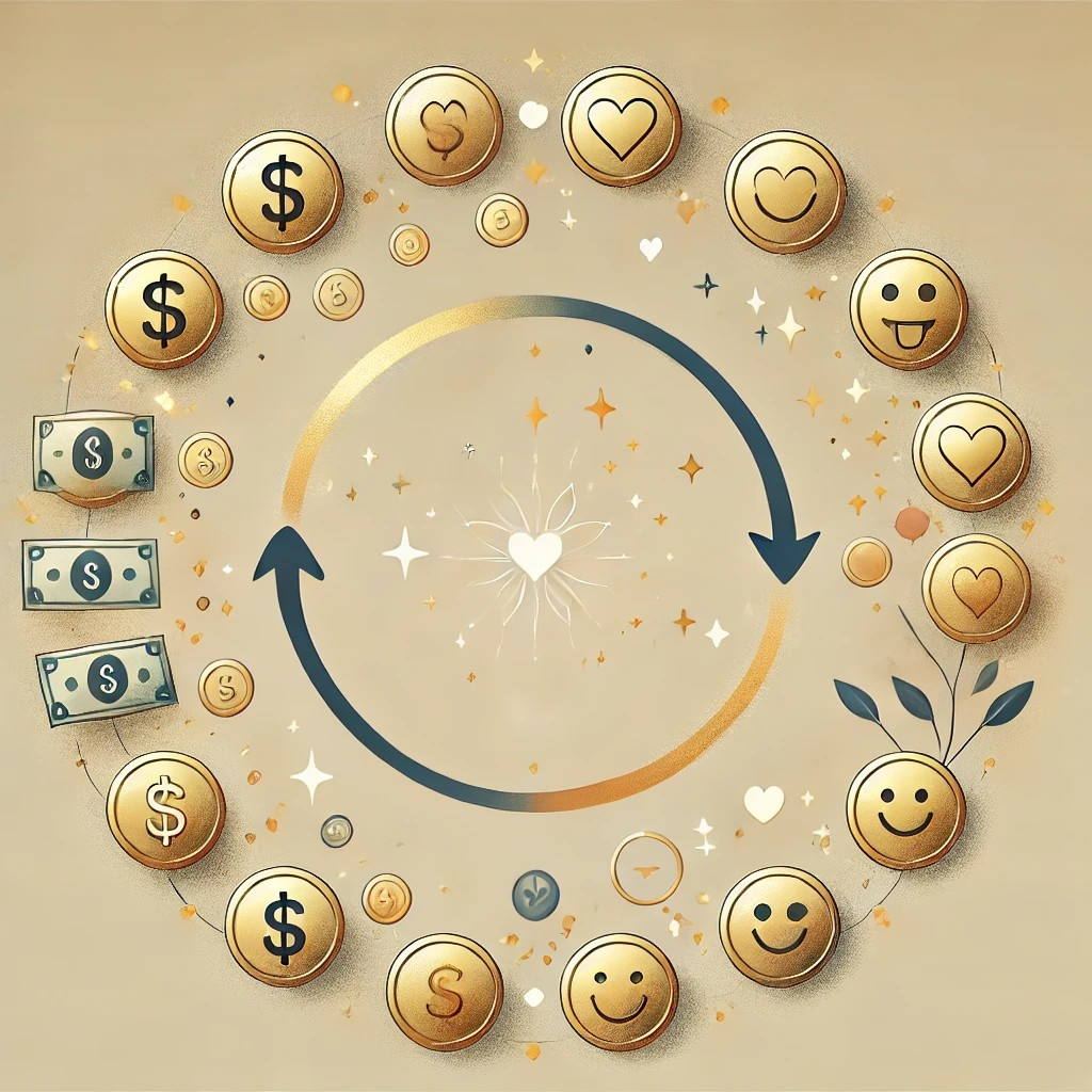 DALL·E 2025-05-13 05.31.39 - A refined and uplifting illustration showing the cycle of money and happiness. Elegant symbols of money (coins, paper bills, or digital currency icons.jpg