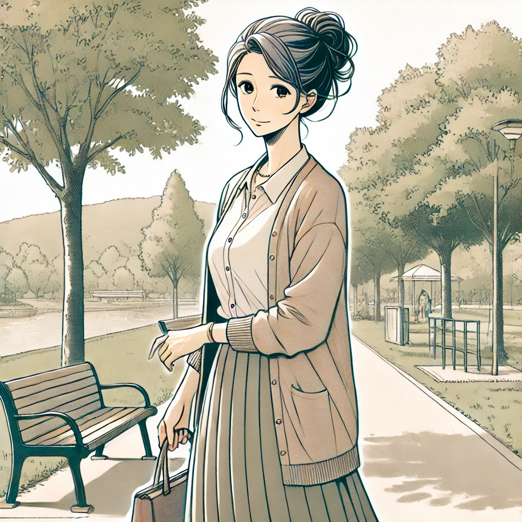 DALL·E 2024-12-24 17.33.34 - A manga-style single-scene illustration of a 60-year-old woman with graying black hair styled in a tidy bun, taking a peaceful walk in a park. She is .jpg