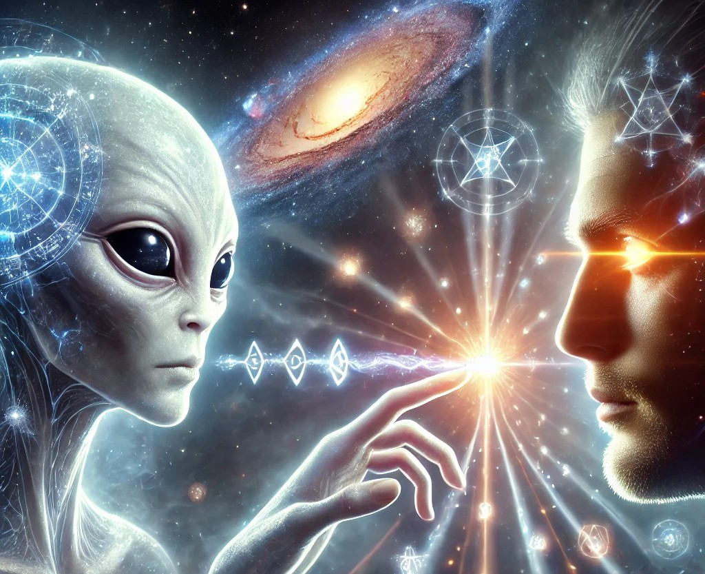 DALL·E 2025-05-20 21.18.22 - A mystical scene of a human making telepathic contact with an alien being, receiving ancient wisdom through a glowing mental connection. The alien is .jpg
