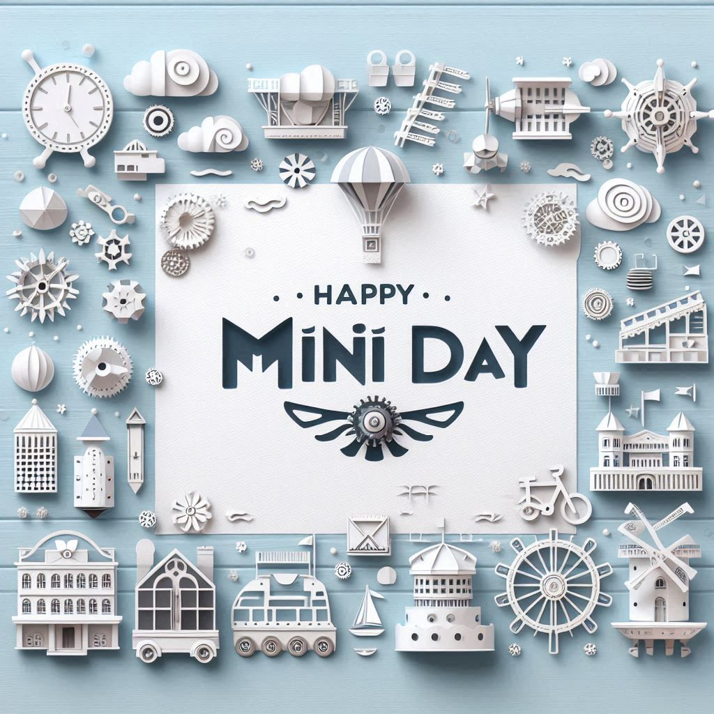 Create an illustration in a papercraft style to celebrate Mini Day. The illustration should feature small, intricate elements that represent miniatures, without including any text. (3).png