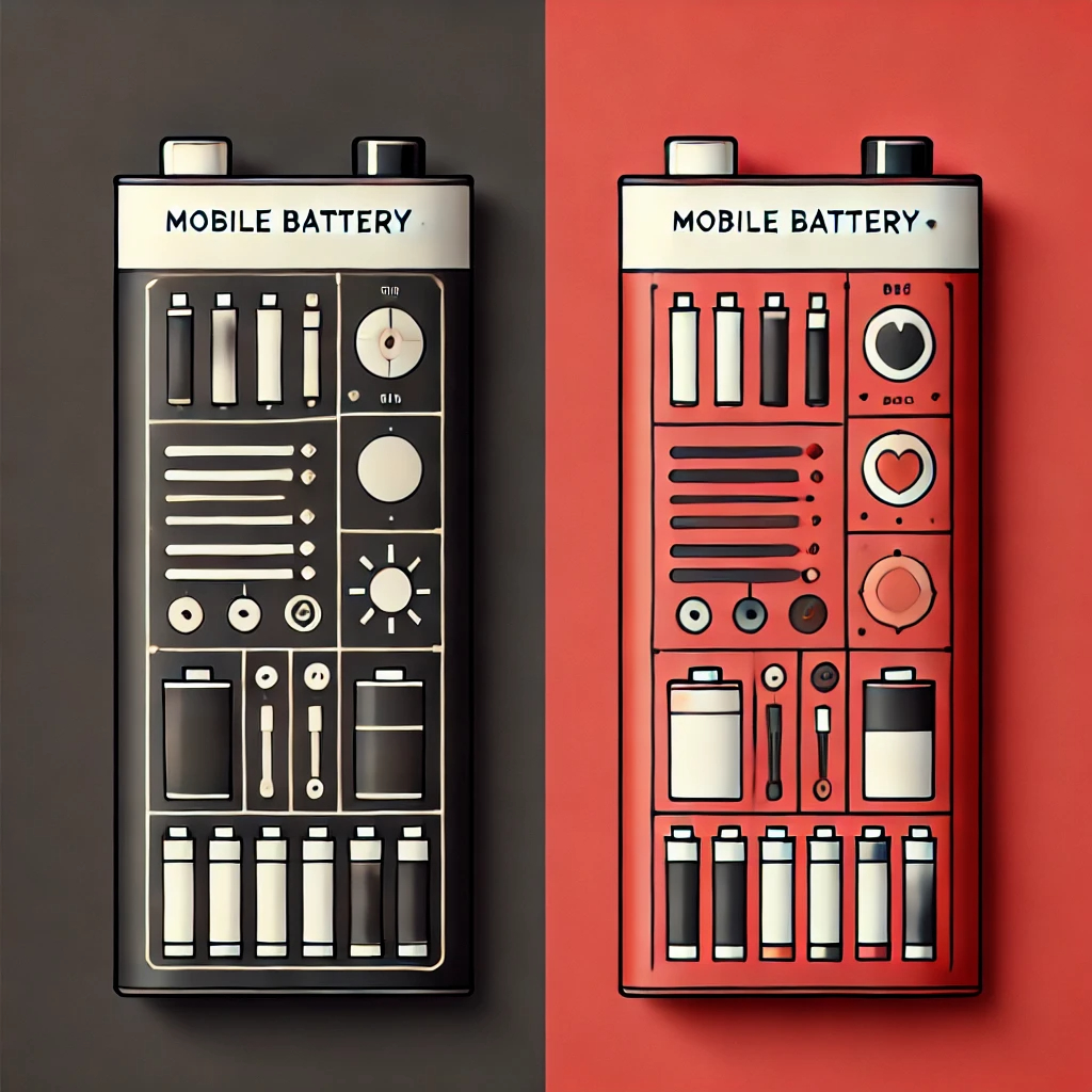 DALL·E 2024-07-08 12.41.15 - An image showing a comparison of mobile batteries. One battery is black, and the other is red. The black battery is shown with additional features and.png