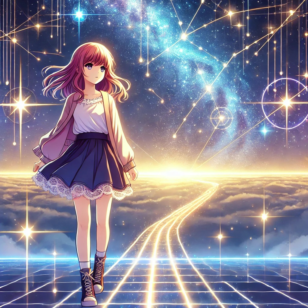 DALL·E 2025-03-01 14.35.50 - An anime-style illustration of a young woman standing on a glowing path that stretches into a starry universe. She gazes forward with determination, s.jpg