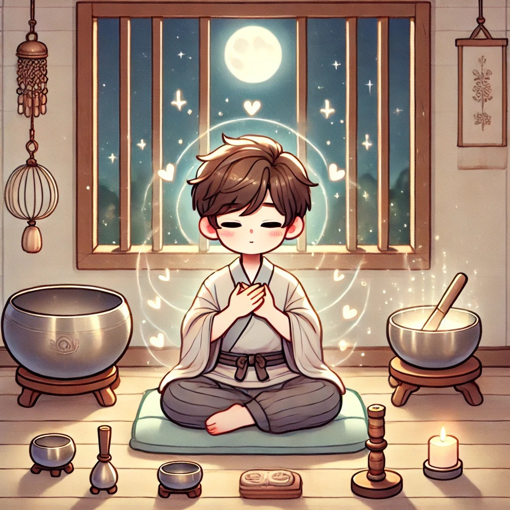 DALL·E 2025-01-31 06.47.30 - A cute anime-style illustration of a young man sitting in a peaceful room, practicing self-healing meditation. He sits cross-legged on a cushion with .jpg