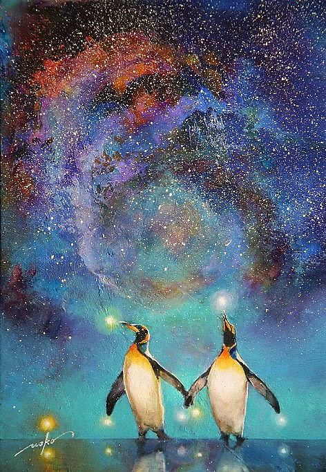 絵画 油絵 原画 動物 ペンギン ブルー 海 空 アート インテリア F4