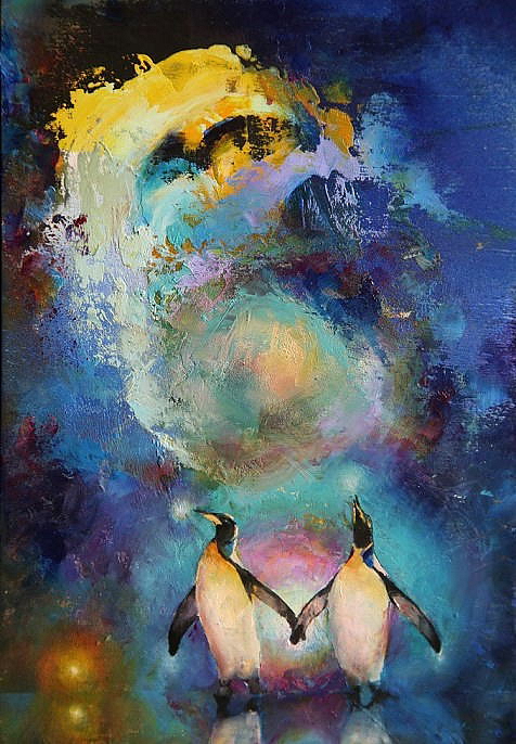 絵画　油絵　原画　動物　ペンギン　ブルー　海　空　アート　インテリア　F4 版画 絵画 君に幸あれ インテリア 壁掛け 額入り 風景画