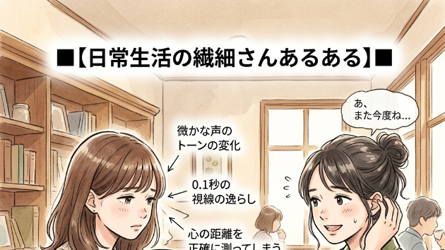 ■【日常生活の繊細さんあるある】■  「あ、この人、私のこと少し苦手だな」という直感は大体当たっていて、当たるとさらに凹む