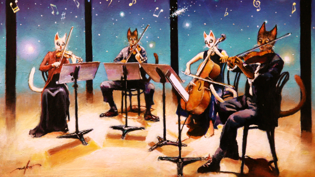 真夏の演奏会☆油彩画【猫のカルテット】〜A QUARTETTO OF CATS〜