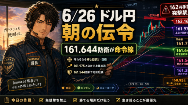【6月26日(金) 朝ドル円161.78付近｜162円目前の最終防衛戦、リベンジ勢は161.644を守るまで突撃するな