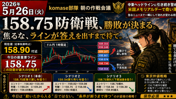 【5月25日月曜｜ドル円158.87】総員傾聴――“159円を失った朝”。焦って拾う者から崩れる週明け防衛戦略