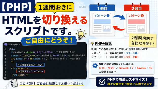 【PHP】1週間おきに、HTMLを切り換えるスクリプトです。ご自由にどうぞ 