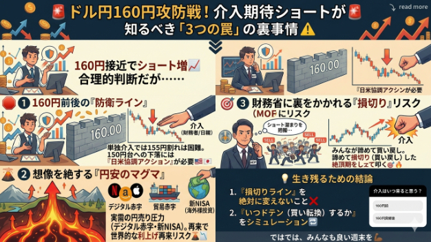 【🚨ドル円160円攻防戦！介入期待ショートが知るべき「3つの罠」の裏事情⚠️】