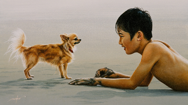 少年と愛犬☆油彩画【愛しくて】〜I LOVE LEON〜