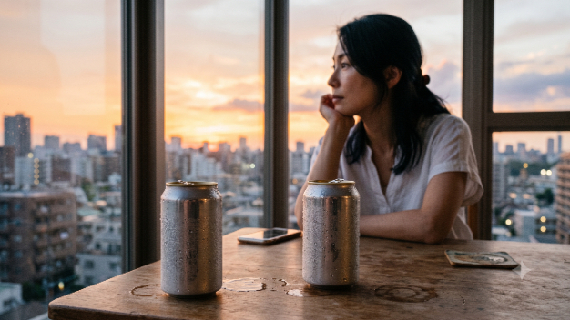 冷たい缶ビールの水滴、彼を待つ夕暮れ
