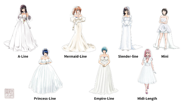 【ウェディングドレスイラスト集】7種類のシルエットを描き分けました