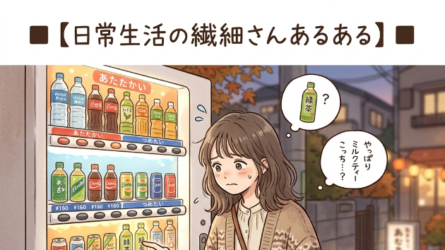 ■【日常生活の繊細さんあるある】■  自動販売機で飲み物を買うとき、ボタンを押す瞬間に「やっぱり隣がよかったかも」と後悔する