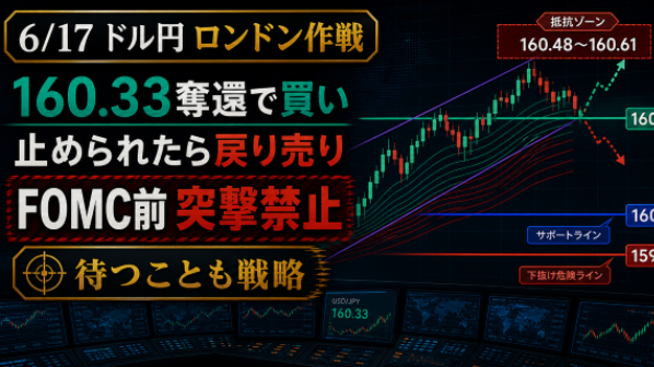 6/17水曜ドル円160.30、ロンドン前の分岐命令。160.33奪還か、160.12割れか、FOMC前の突撃は禁止