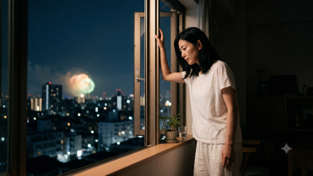 花火の音が遠く聞こえる夜、彼の気持ち
