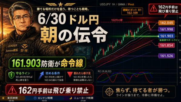 ドル円161.93付近6/30(火) 162円目前の最終警戒線、161.903防衛まで待て