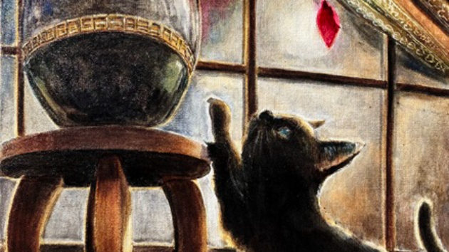 油絵「愛猫の黒と薔薇の赤」