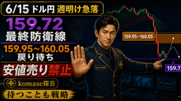 6/15ドル円159.80、急落部隊へ緊急伝令。159.95奪還か、159.72陥落か、安値追撃は禁止