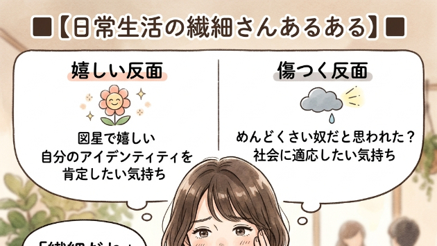 ■【日常生活の繊細さんあるある】■  「繊細だね」と言われると、半分は図星で嬉しく、半分は「めんどくさい奴だと思われた」と傷つき、複雑な表情になる