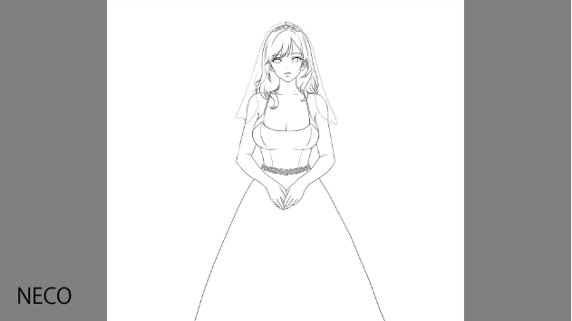 Aラインウェディングドレスのねこちゃん｜追加制作・下書き