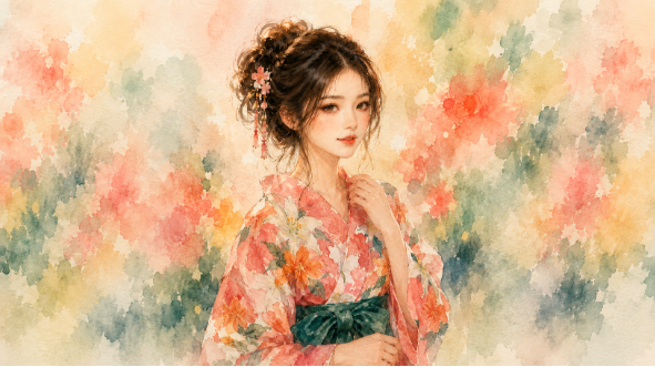 🎐日本の夏👘瞳の着物姿🌸髪には小さな花のかんざし