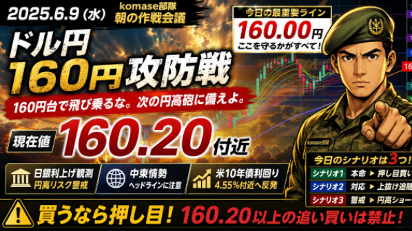 【6月9日水曜｜160.10攻防戦】総員傾聴――160円台で飛び乗るな。次の円高砲に備える朝の作戦会議