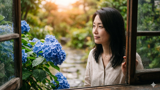 雨上がりの紫陽花、しずくが落ちる夕暮れに