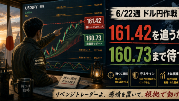 リベンジ隊は161.42を追うな。160.73を守るか割るかで今週の作戦を決めよ
