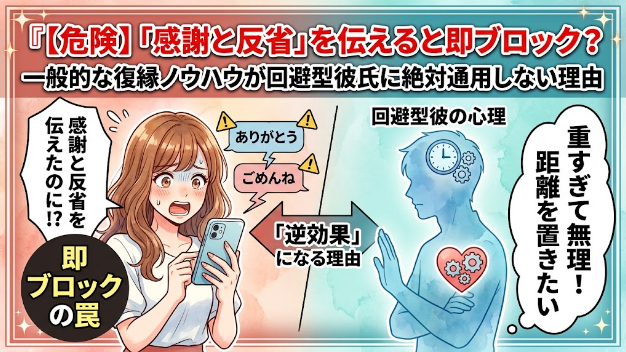 【危険】「感謝と反省」を伝えると即ブロック？一般的な復縁ノウハウが回避型彼氏に絶対通用しない理由