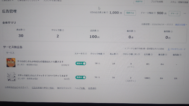 ココナラ広告出稿②　二日目の現状…さっぱりクリックされずwww