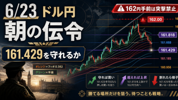 【6月23日(火) 朝の伝令】ドル円161.52付近｜リベンジ勢へ、今日の主戦場は161.429〜161.818だ。162円目前の突撃は待て