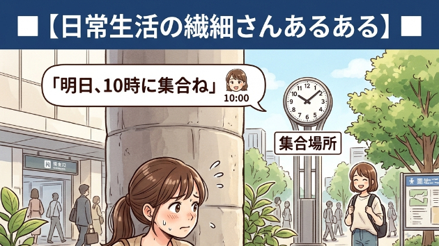 ■【日常生活の繊細さんあるある】■  「明日、10時に集合ね」と言われると、9時50分には到着し、かつ「早く着きすぎたことを相手に悟られないよう」物陰に隠れる