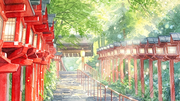 本殿へと続く石段　水彩画風